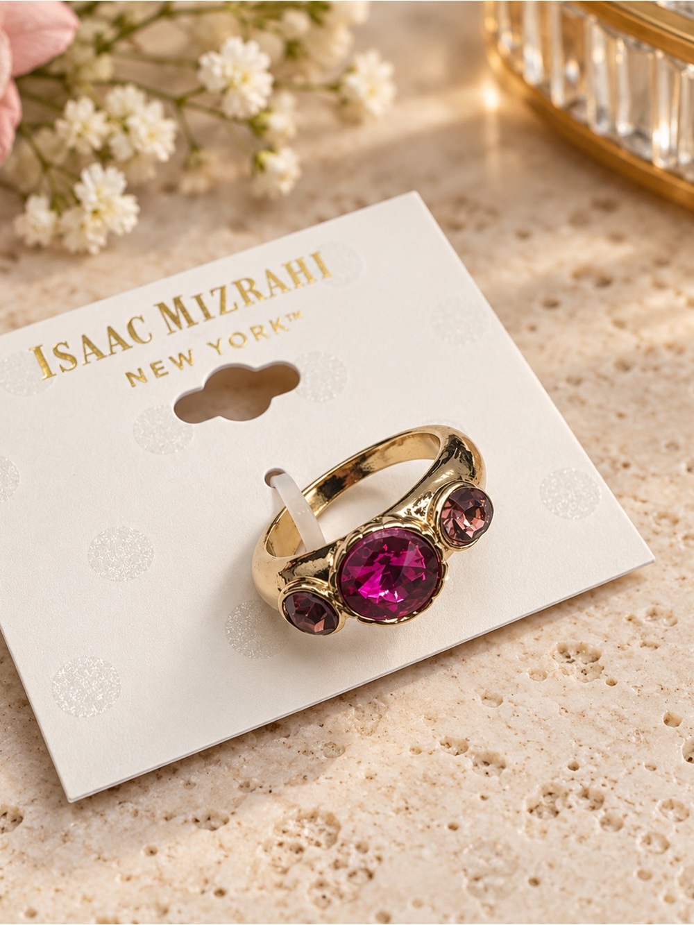 Isaac Mizrahi New York Pink Crystal Gold-Tone Ring Size 6 (BN2 po)